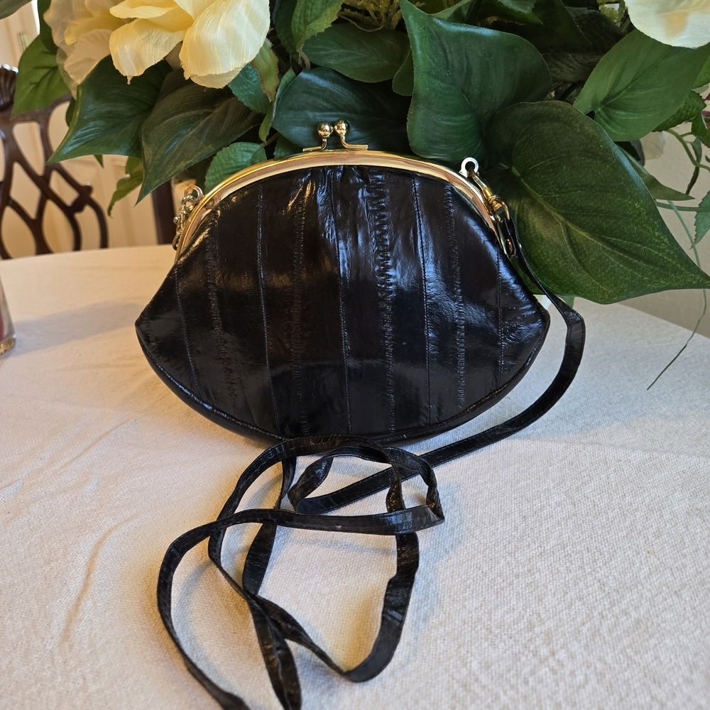 Classic Black Patent Crossbody Bag with Gold Frame